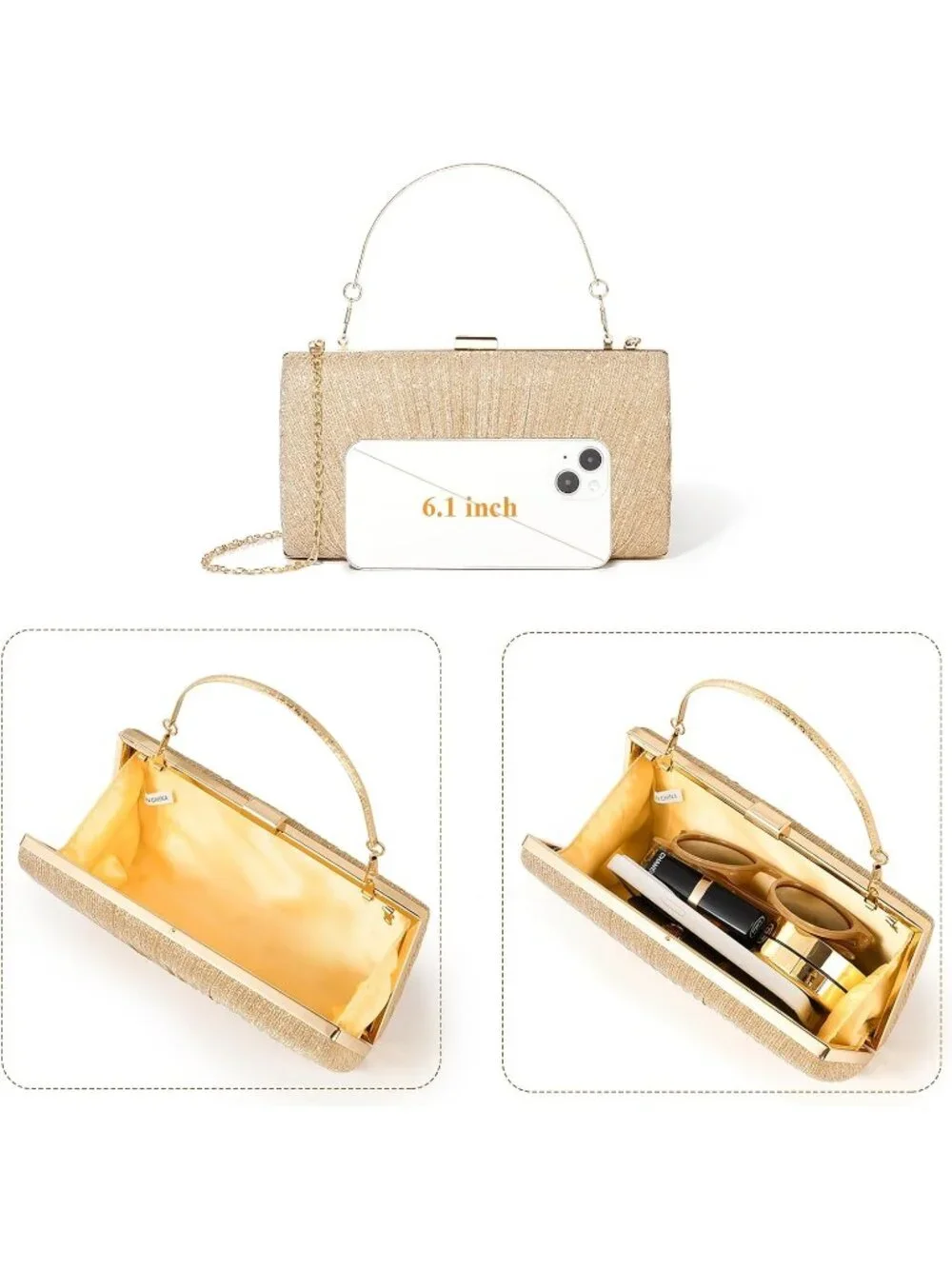 Women's Gold Pleated Evening Handbag with Chain Prom Classic Clutch Purses